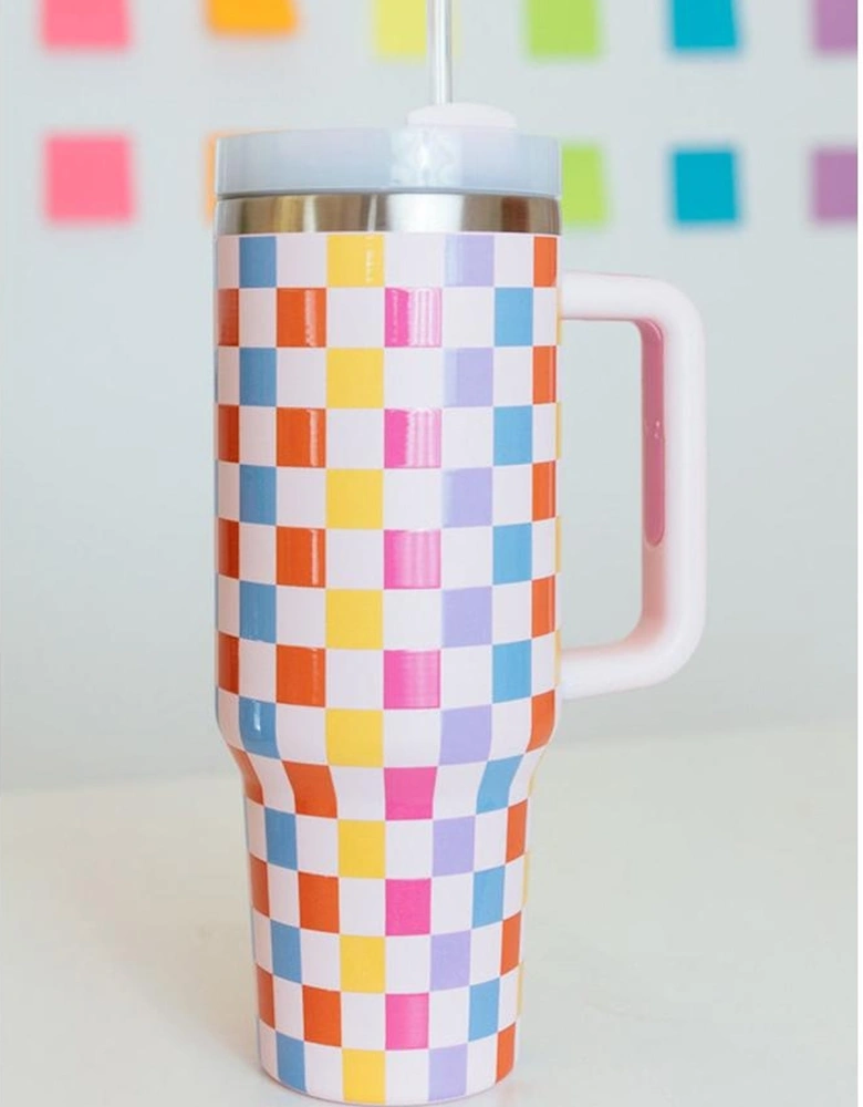 Red Colorful Checkered Print Handle Vacuum Cup 40oz