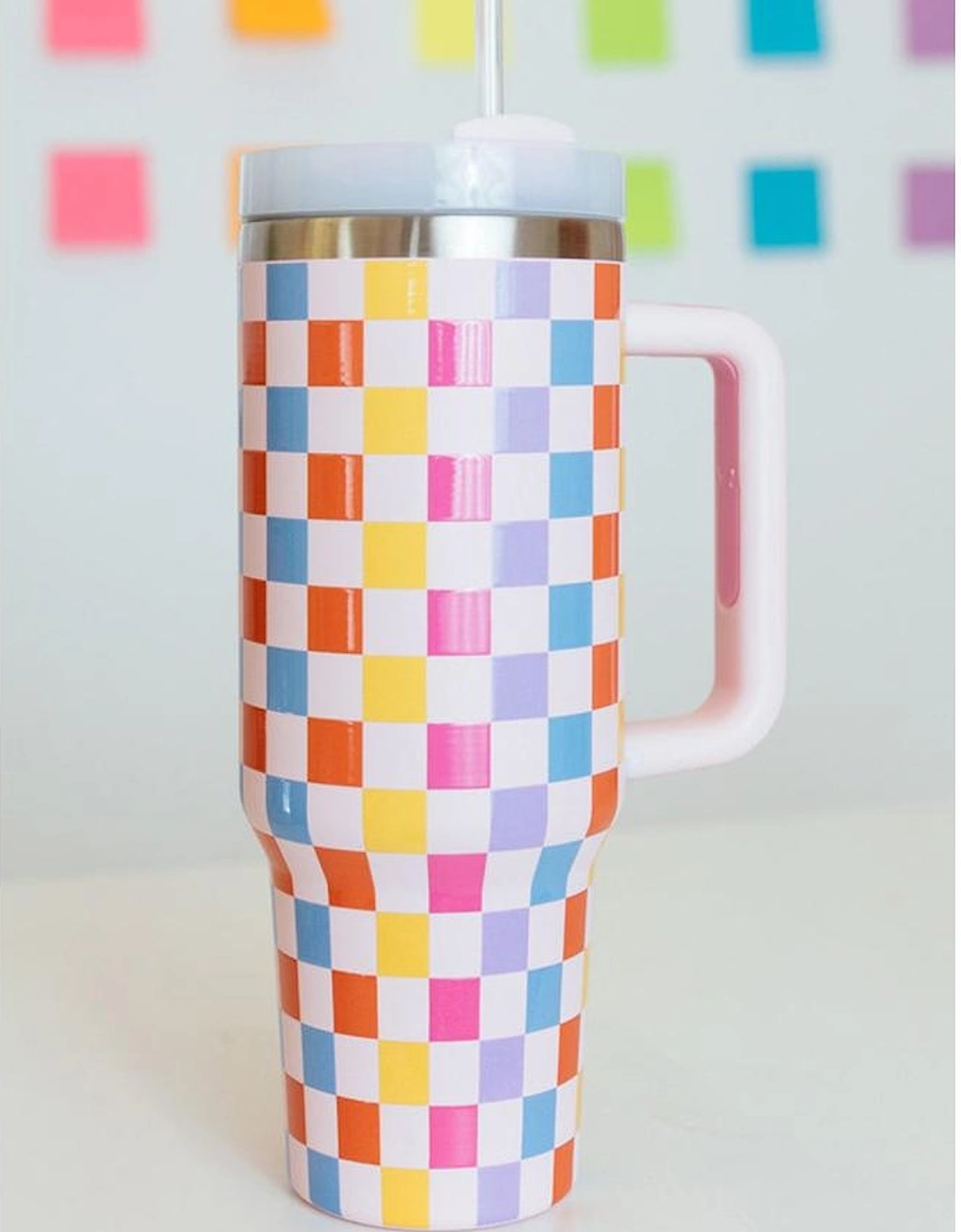 Red Colorful Checkered Print Handle Vacuum Cup 40oz