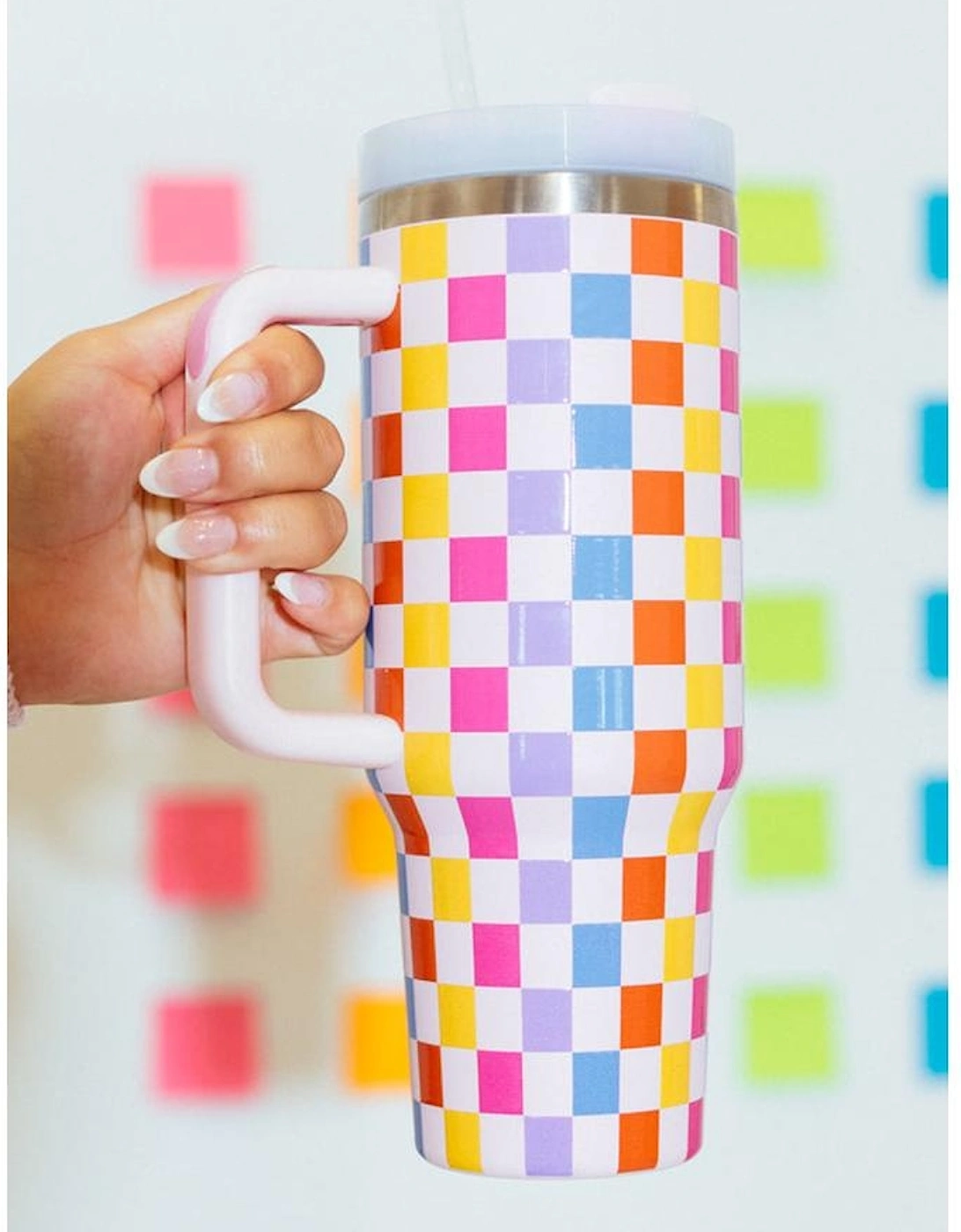 Red Colorful Checkered Print Handle Vacuum Cup 40oz