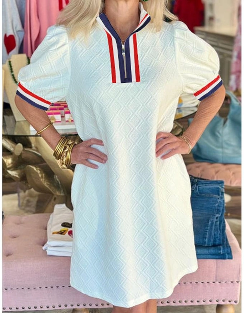 White Textured Jacquard Colorblock Edge Puff Sleeve Quarter Zip Mini Dress
