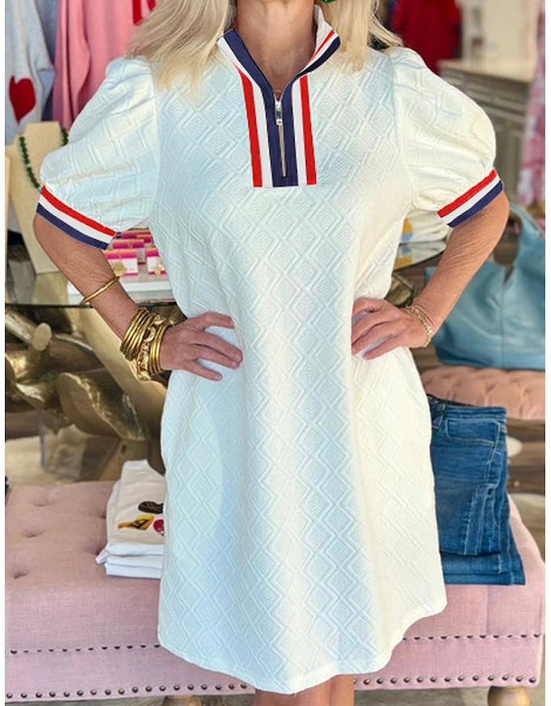 White Textured Jacquard Colorblock Edge Puff Sleeve Quarter Zip Mini Dress