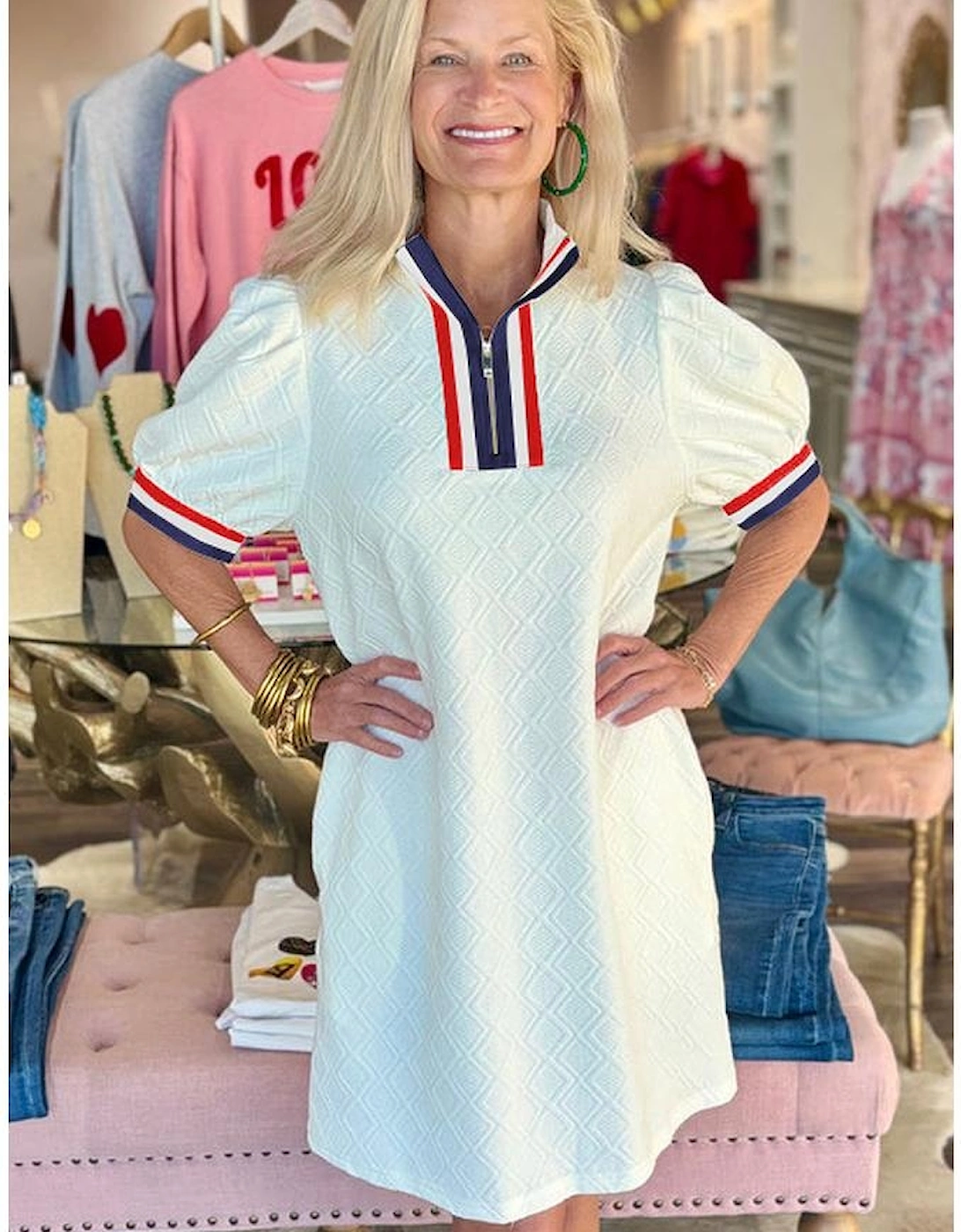 White Textured Jacquard Colorblock Edge Puff Sleeve Quarter Zip Mini Dress