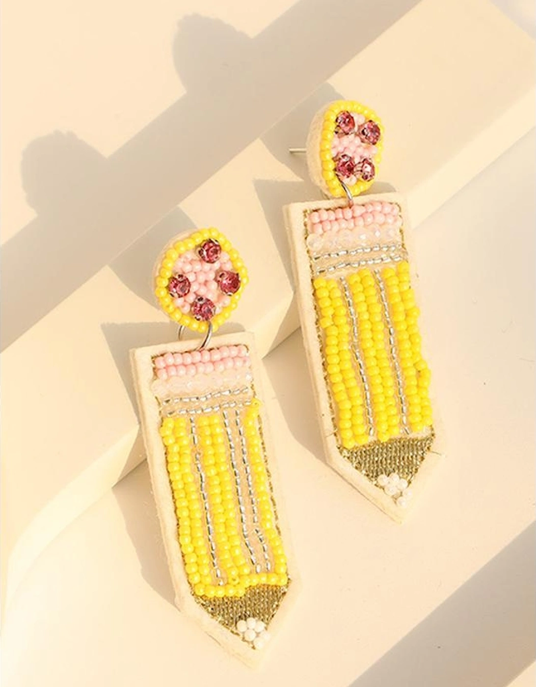 Yellow Beaded Pencil Teacher Earrings