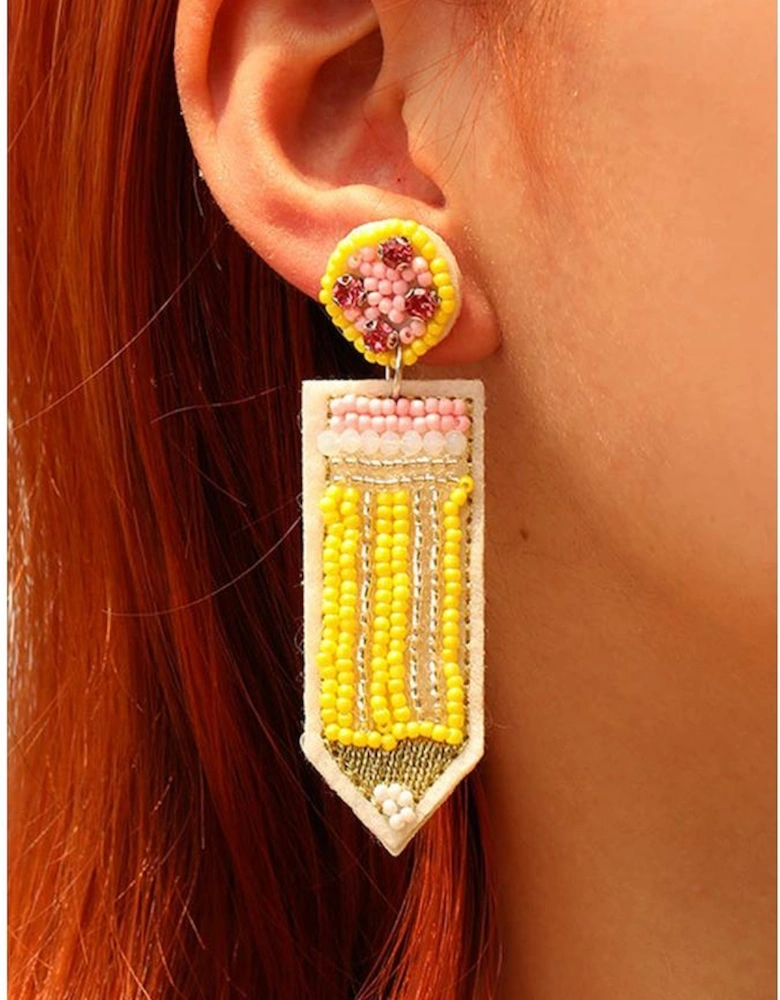 Yellow Beaded Pencil Teacher Earrings