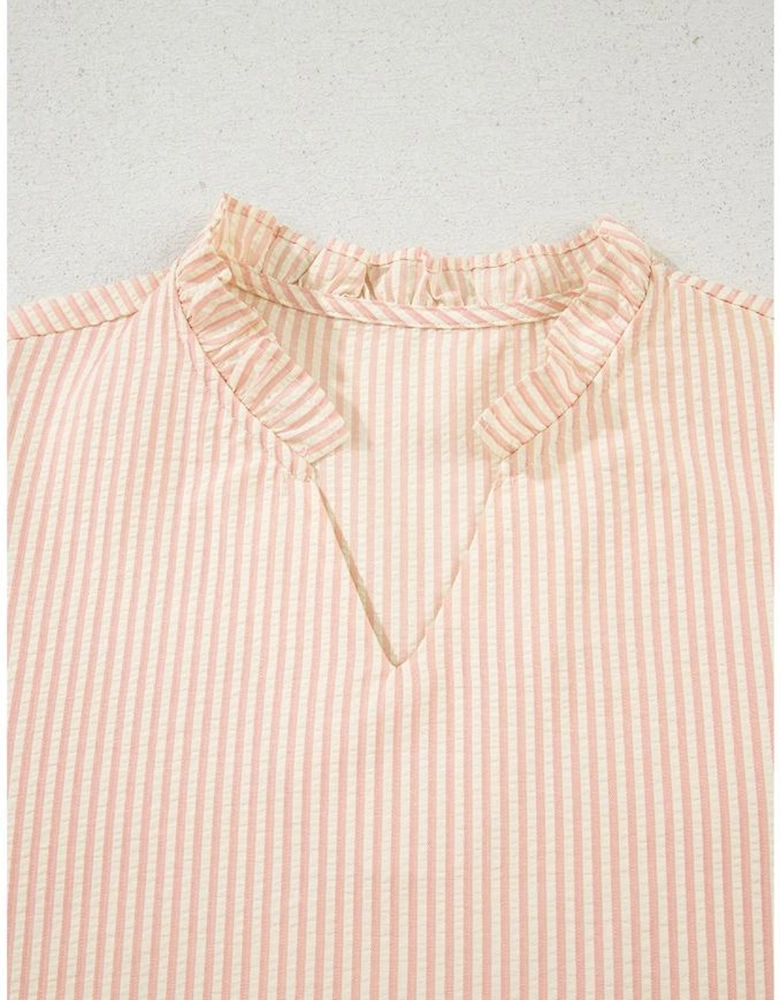 Pink Stripe Bow Knot Cuff Pearl Embellished Puff Sleeve V Neck Blouse