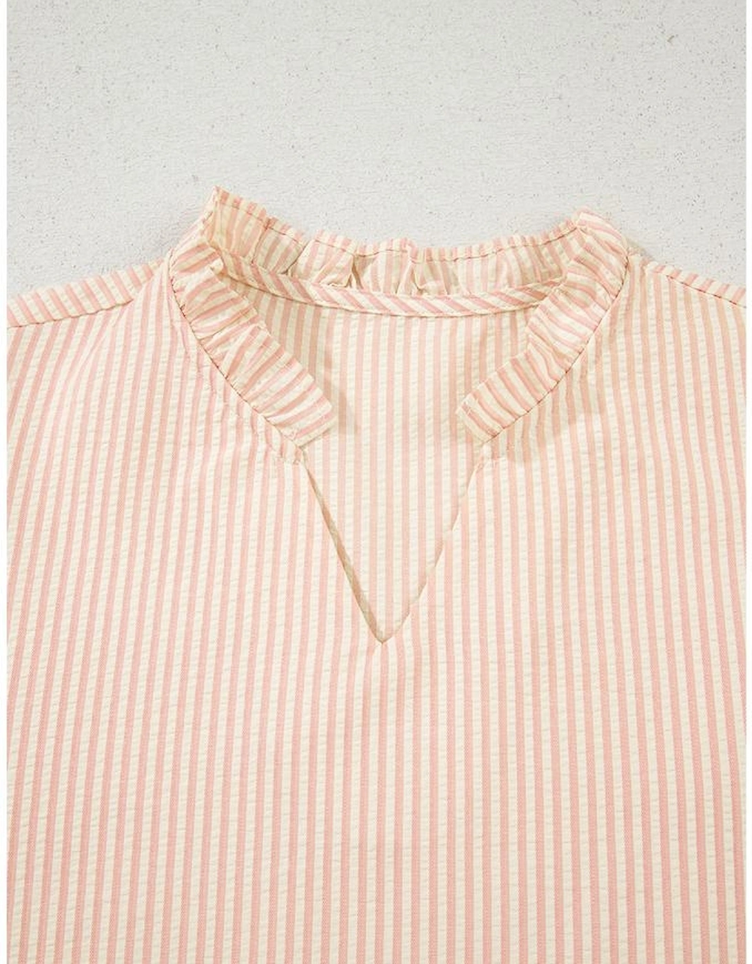 Pink Stripe Bow Knot Cuff Pearl Embellished Puff Sleeve V Neck Blouse