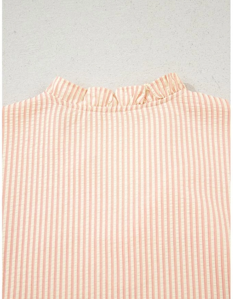 Pink Stripe Bow Knot Cuff Pearl Embellished Puff Sleeve V Neck Blouse