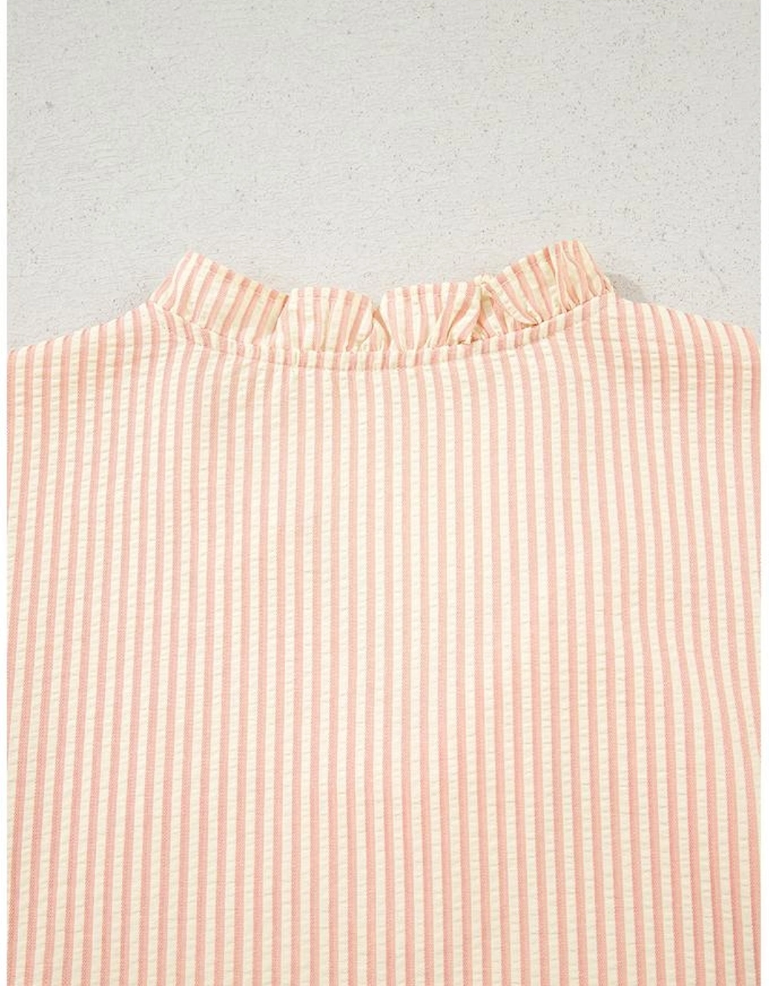 Pink Stripe Bow Knot Cuff Pearl Embellished Puff Sleeve V Neck Blouse