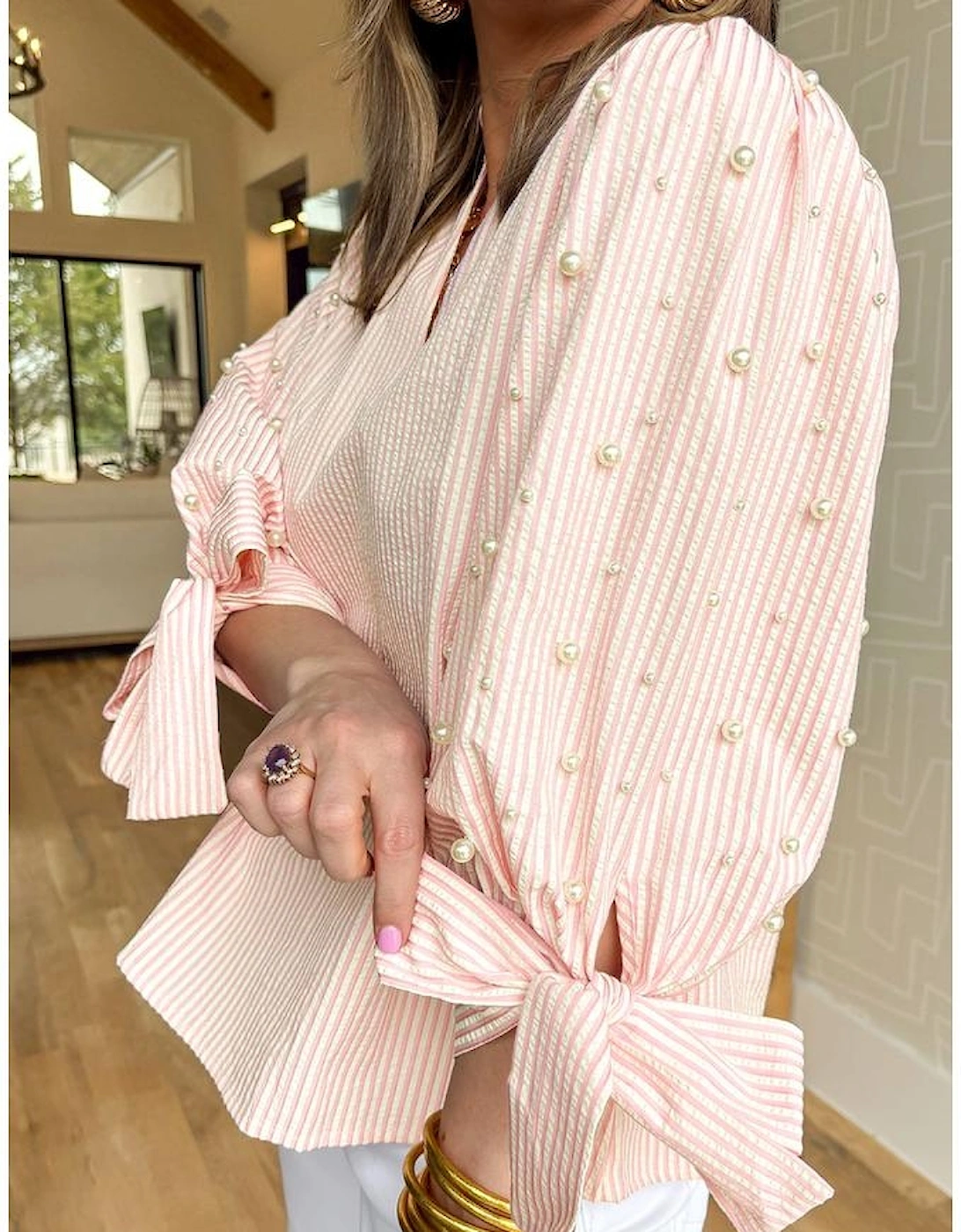 Pink Stripe Bow Knot Cuff Pearl Embellished Puff Sleeve V Neck Blouse