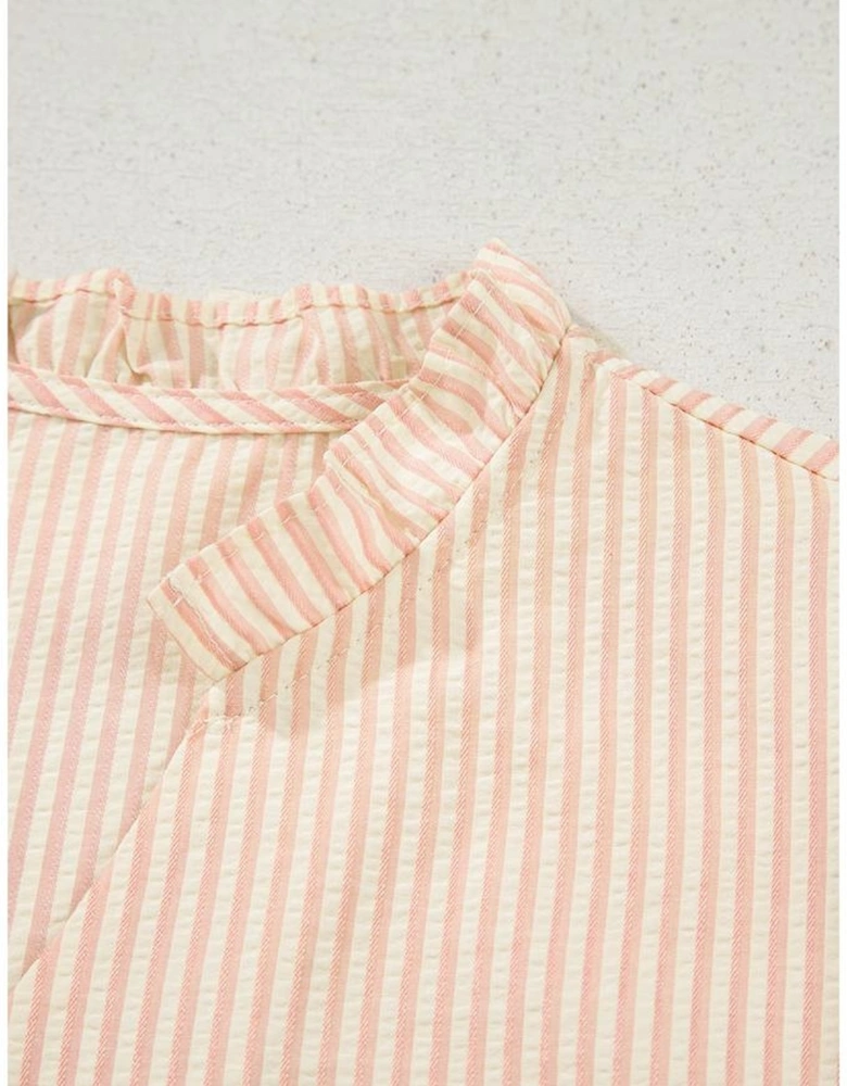 Pink Stripe Bow Knot Cuff Pearl Embellished Puff Sleeve V Neck Blouse