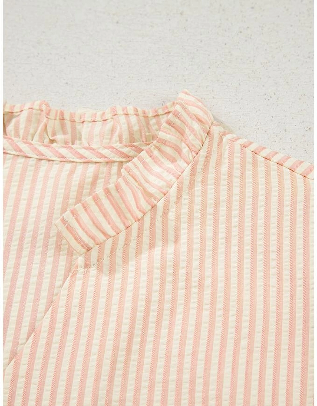 Pink Stripe Bow Knot Cuff Pearl Embellished Puff Sleeve V Neck Blouse