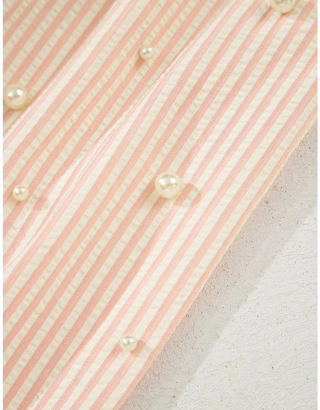 Pink Stripe Bow Knot Cuff Pearl Embellished Puff Sleeve V Neck Blouse