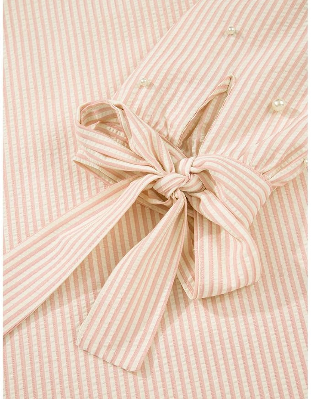 Pink Stripe Bow Knot Cuff Pearl Embellished Puff Sleeve V Neck Blouse