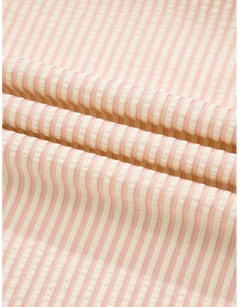 Pink Stripe Bow Knot Cuff Pearl Embellished Puff Sleeve V Neck Blouse