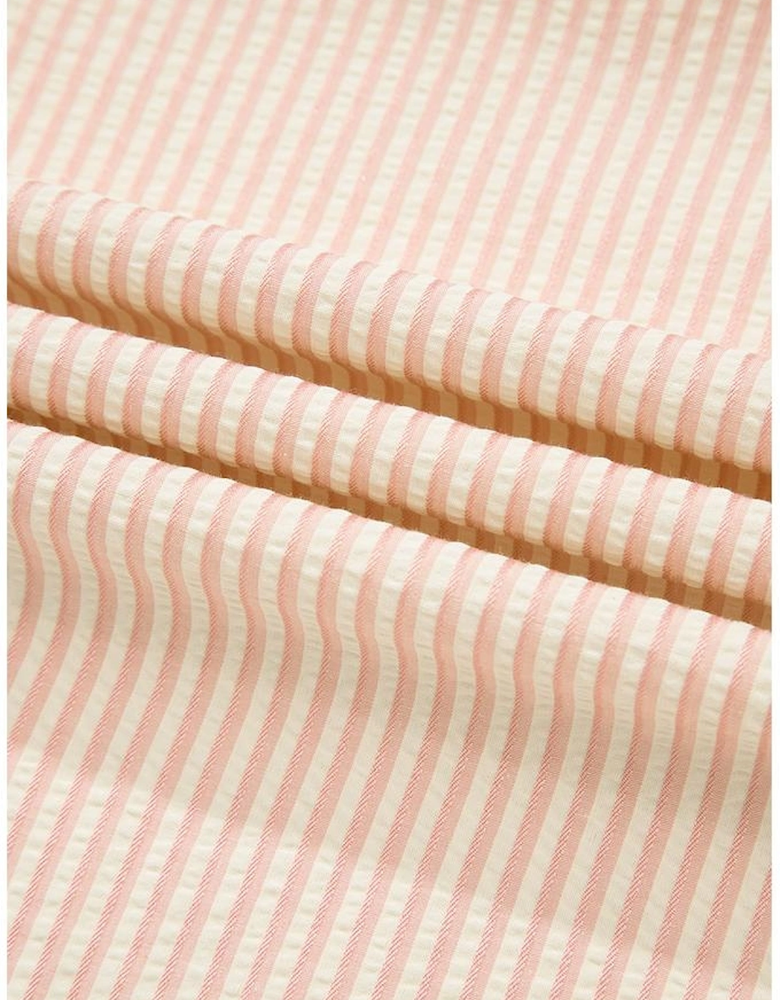 Pink Stripe Bow Knot Cuff Pearl Embellished Puff Sleeve V Neck Blouse