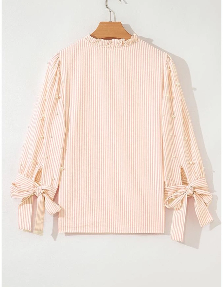 Pink Stripe Bow Knot Cuff Pearl Embellished Puff Sleeve V Neck Blouse