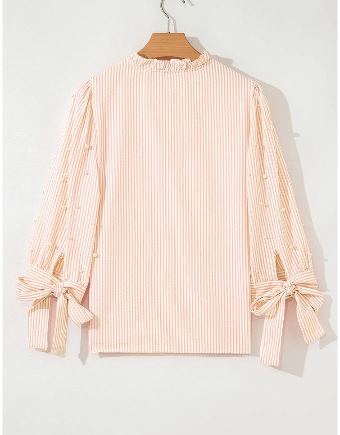 Pink Stripe Bow Knot Cuff Pearl Embellished Puff Sleeve V Neck Blouse