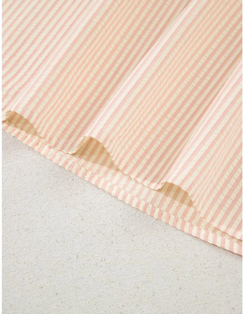 Pink Stripe Bow Knot Cuff Pearl Embellished Puff Sleeve V Neck Blouse