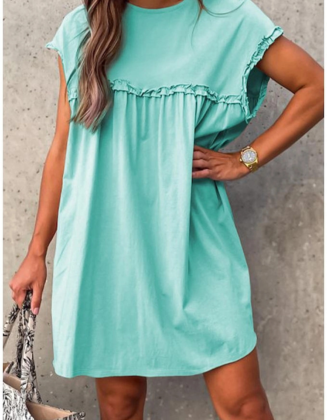 Mint Green Frilled Trim Crew Neck Loose Fit Mini Dress