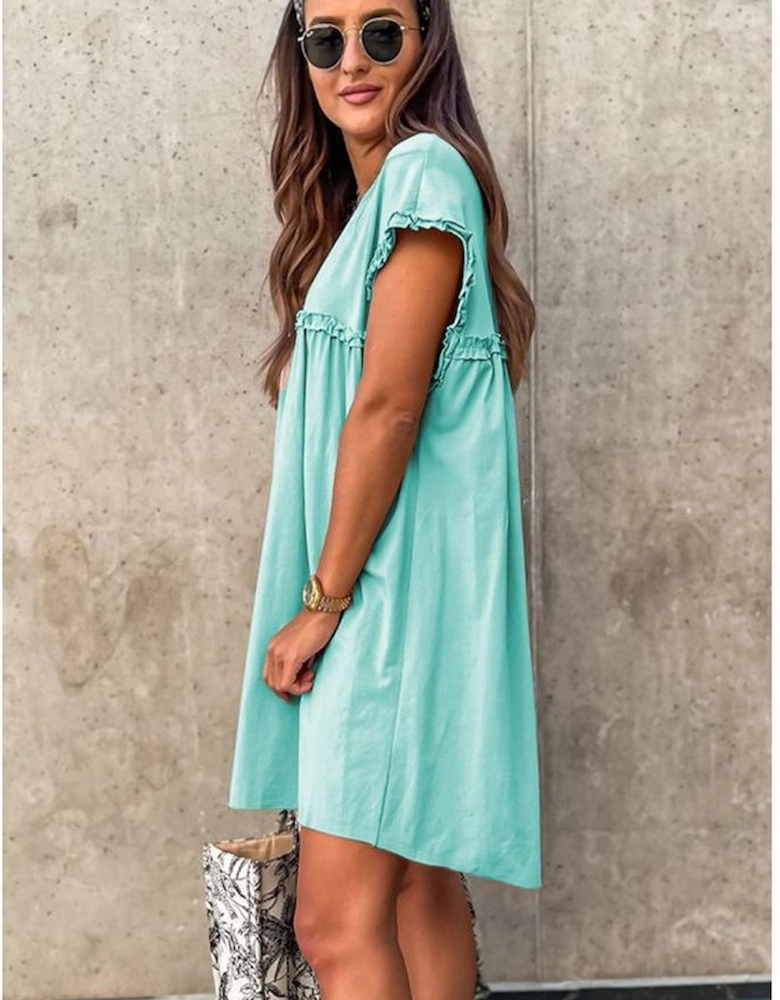 Mint Green Frilled Trim Crew Neck Loose Fit Mini Dress