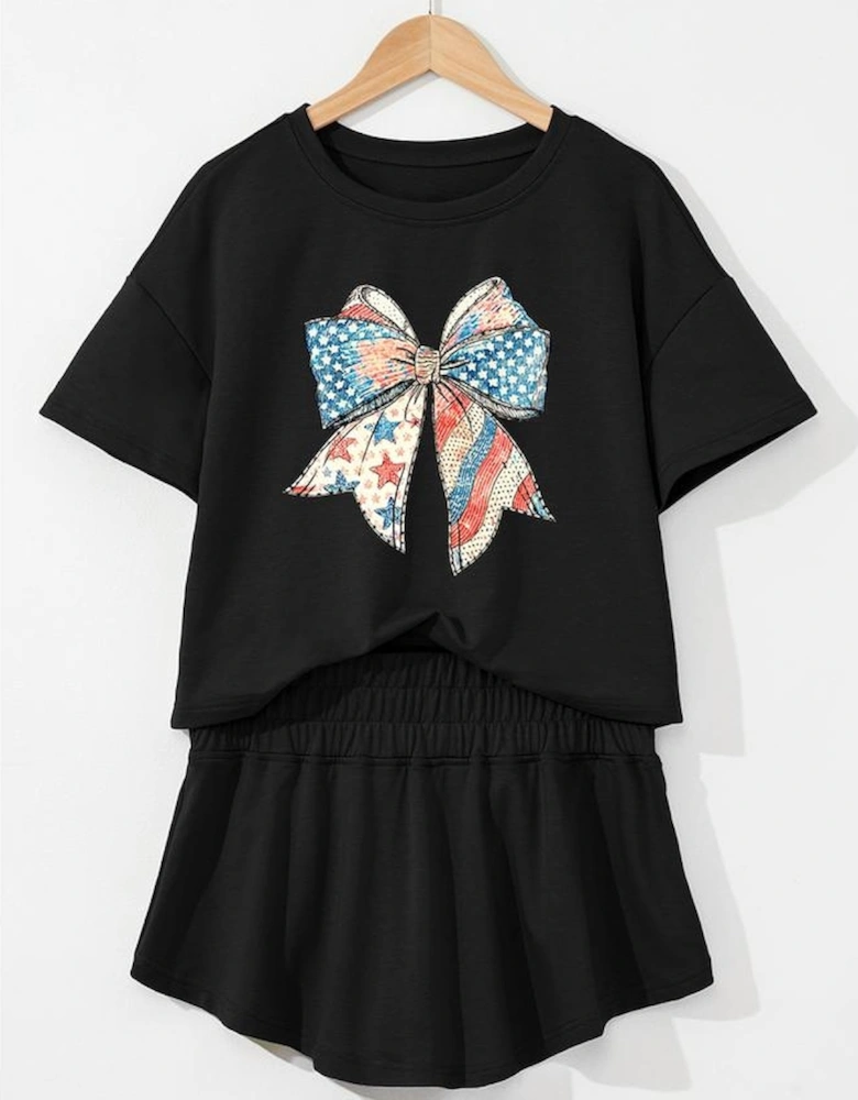 Black American Flag Inspired Bow Print Relaxed Tee and Skort 2pcs Outfit