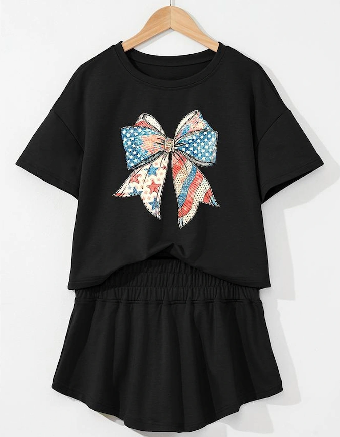 Black American Flag Inspired Bow Print Relaxed Tee and Skort 2pcs Outfit