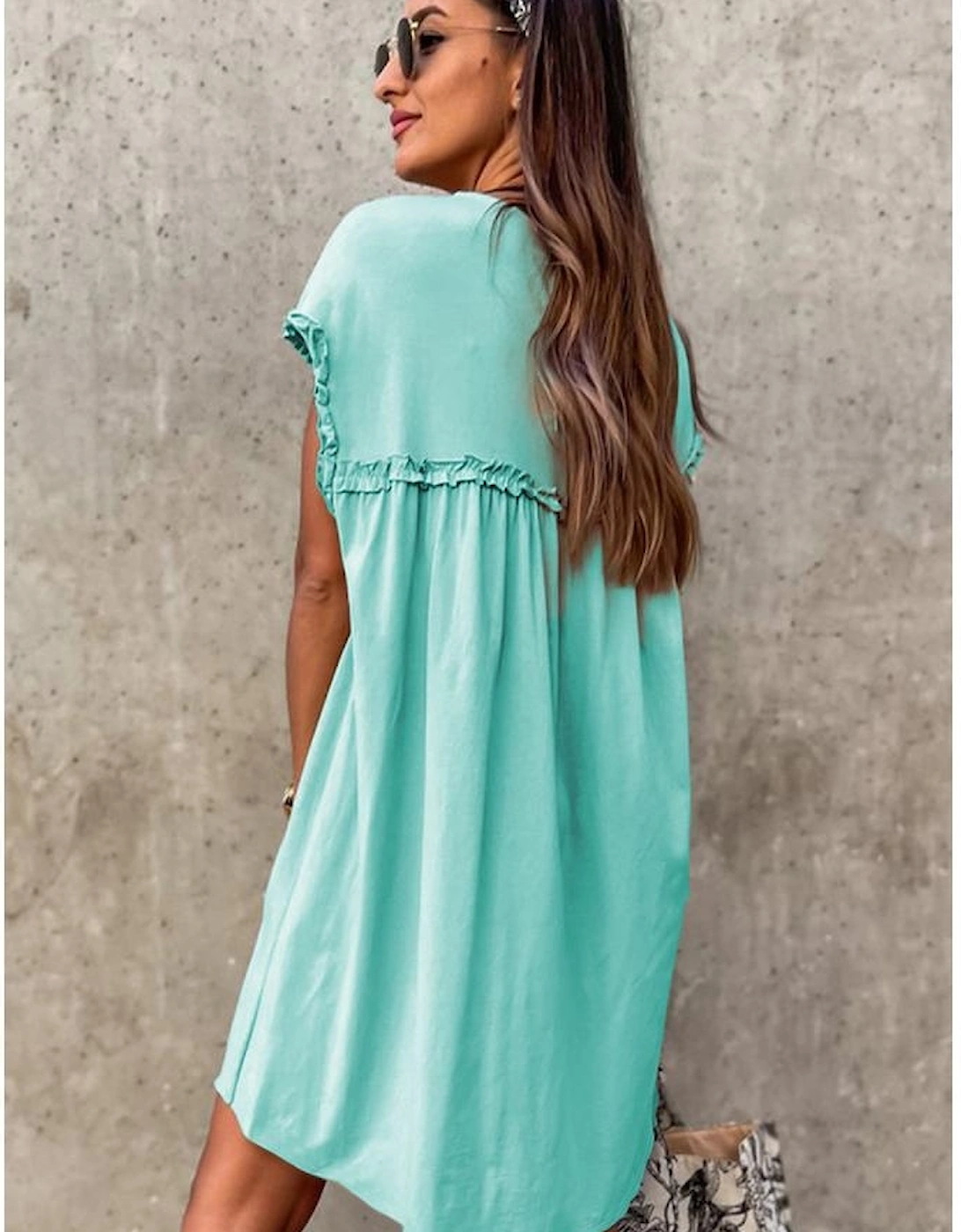 Mint Green Frilled Trim Crew Neck Loose Fit Mini Dress, 5 of 4