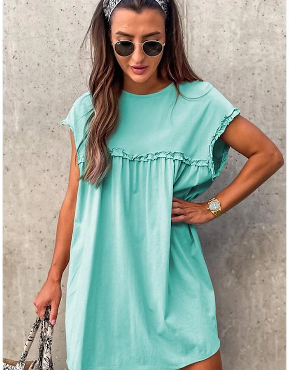 Mint Green Frilled Trim Crew Neck Loose Fit Mini Dress