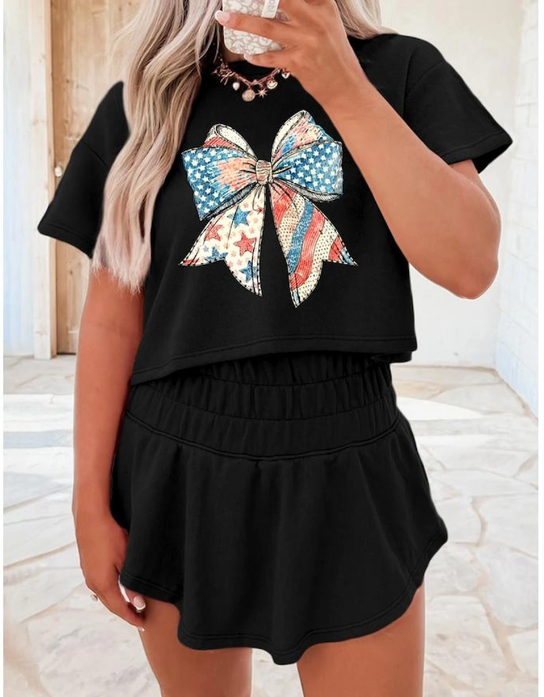 Black American Flag Inspired Bow Print Relaxed Tee and Skort 2pcs Outfit