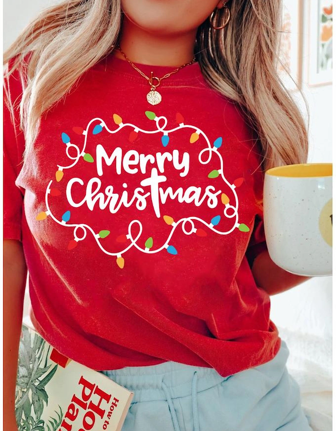 Red Merry Christmas Lights Print Crew Neck T Shirt