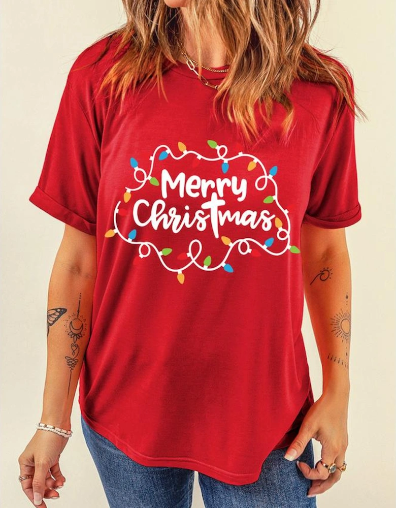 Red Merry Christmas Lights Print Crew Neck T Shirt