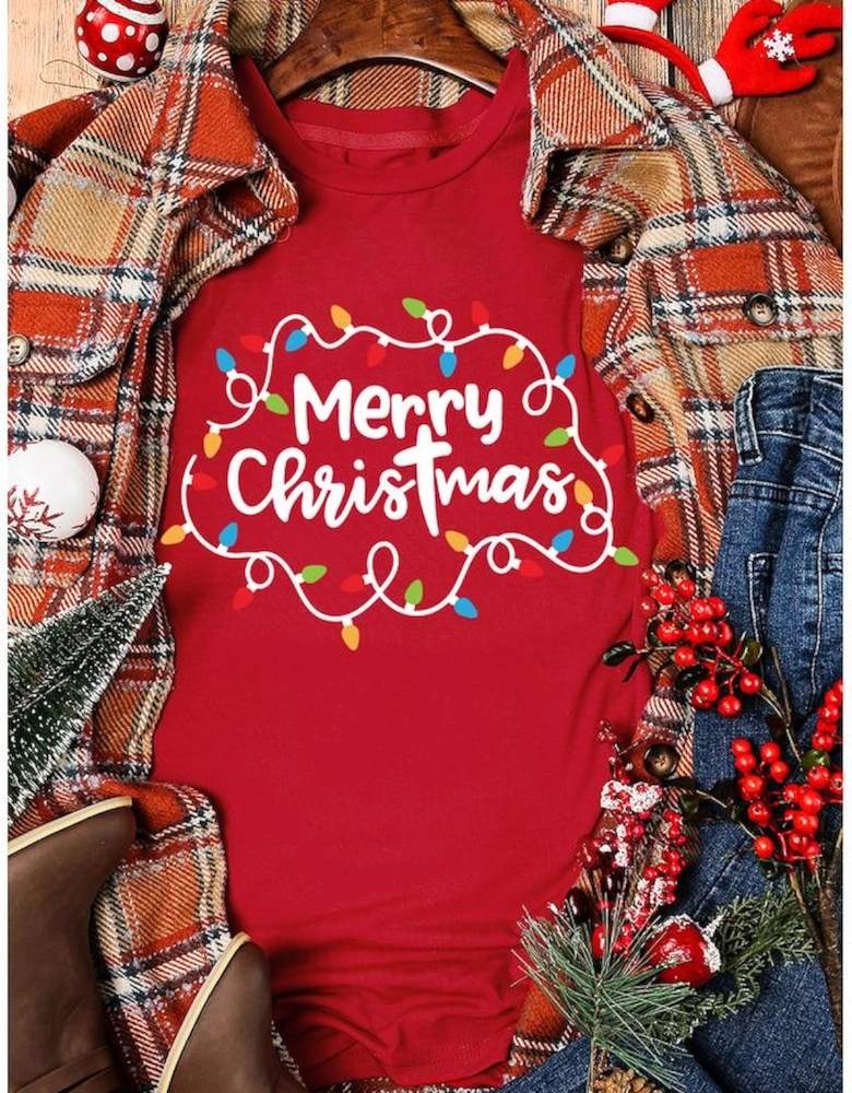 Red Merry Christmas Lights Print Crew Neck T Shirt
