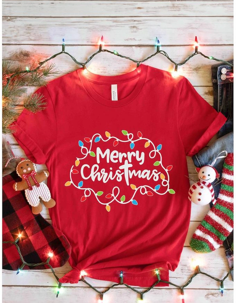 Red Merry Christmas Lights Print Crew Neck T Shirt