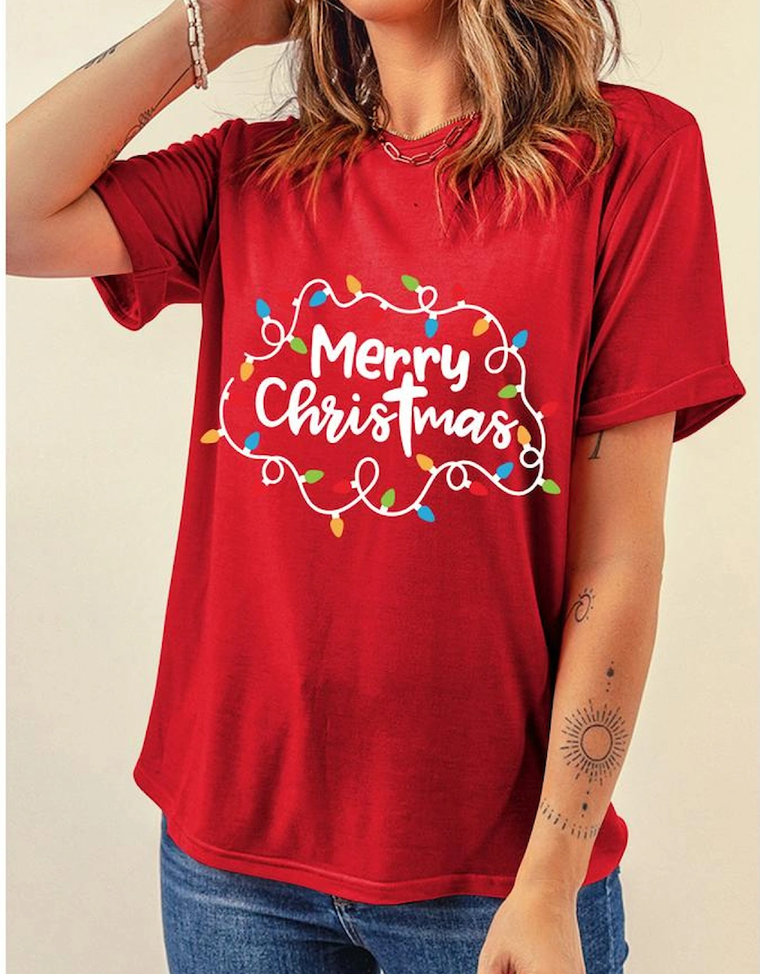Red Merry Christmas Lights Print Crew Neck T Shirt