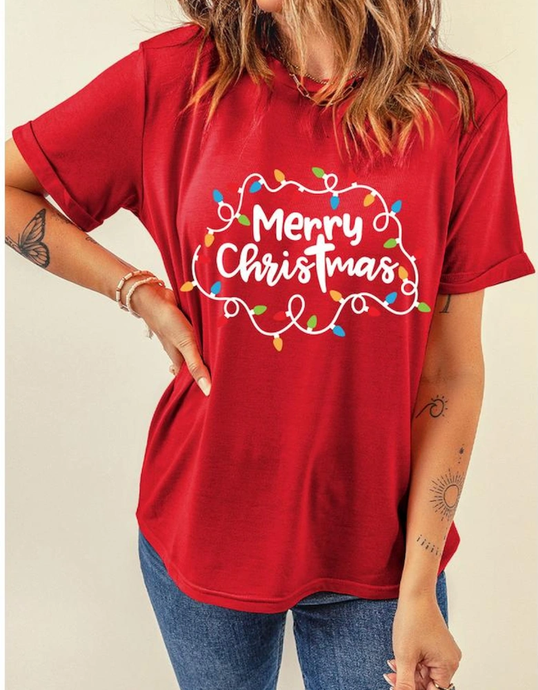 Red Merry Christmas Lights Print Crew Neck T Shirt