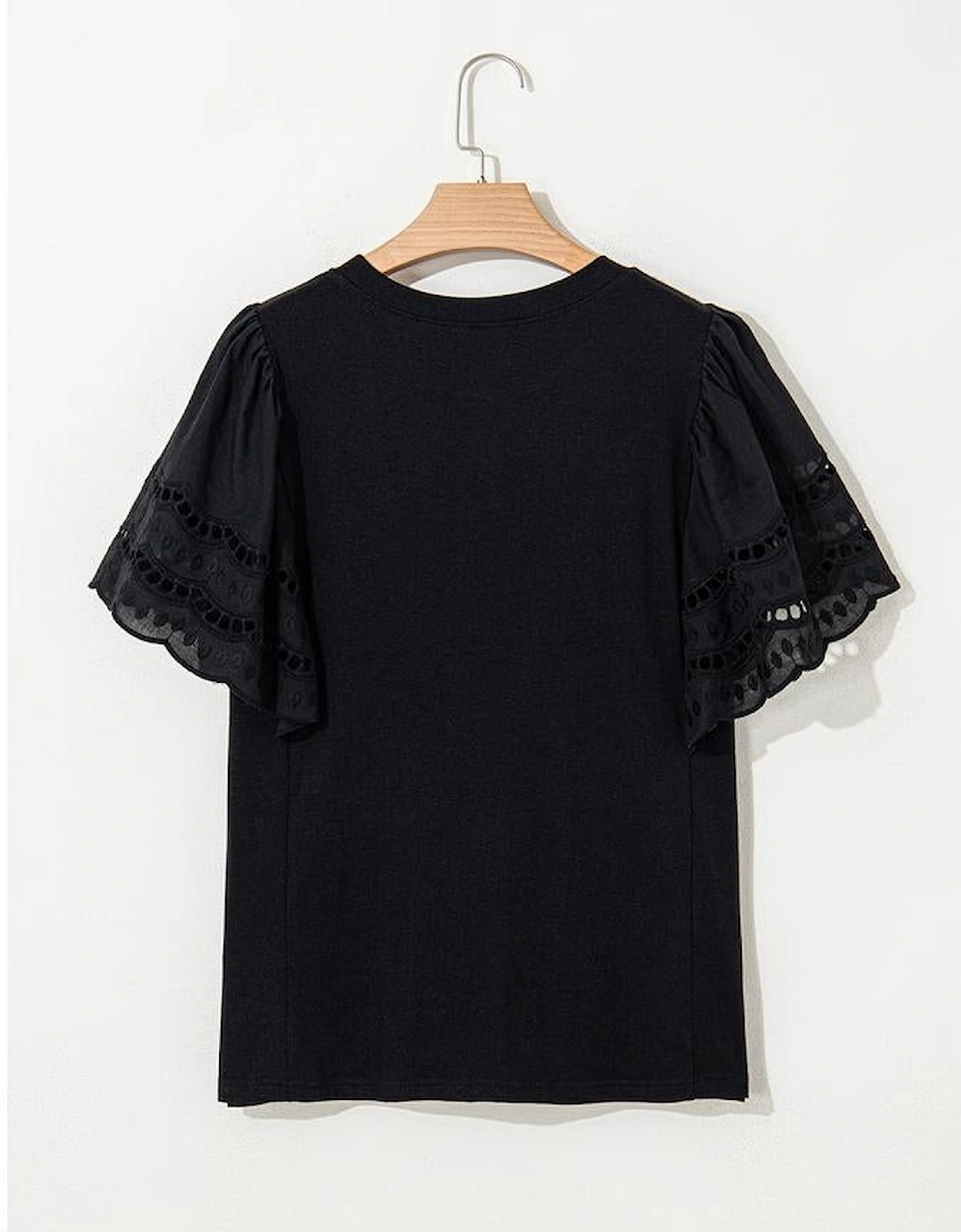 Black Hollow Out Embroidered Short Sleeve O Neck Top