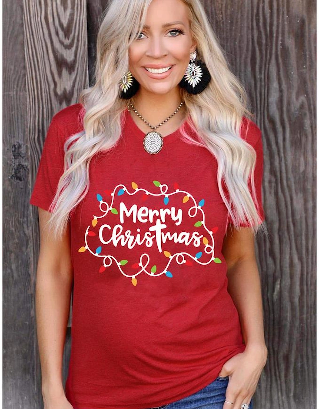 Red Merry Christmas Lights Print Crew Neck T Shirt