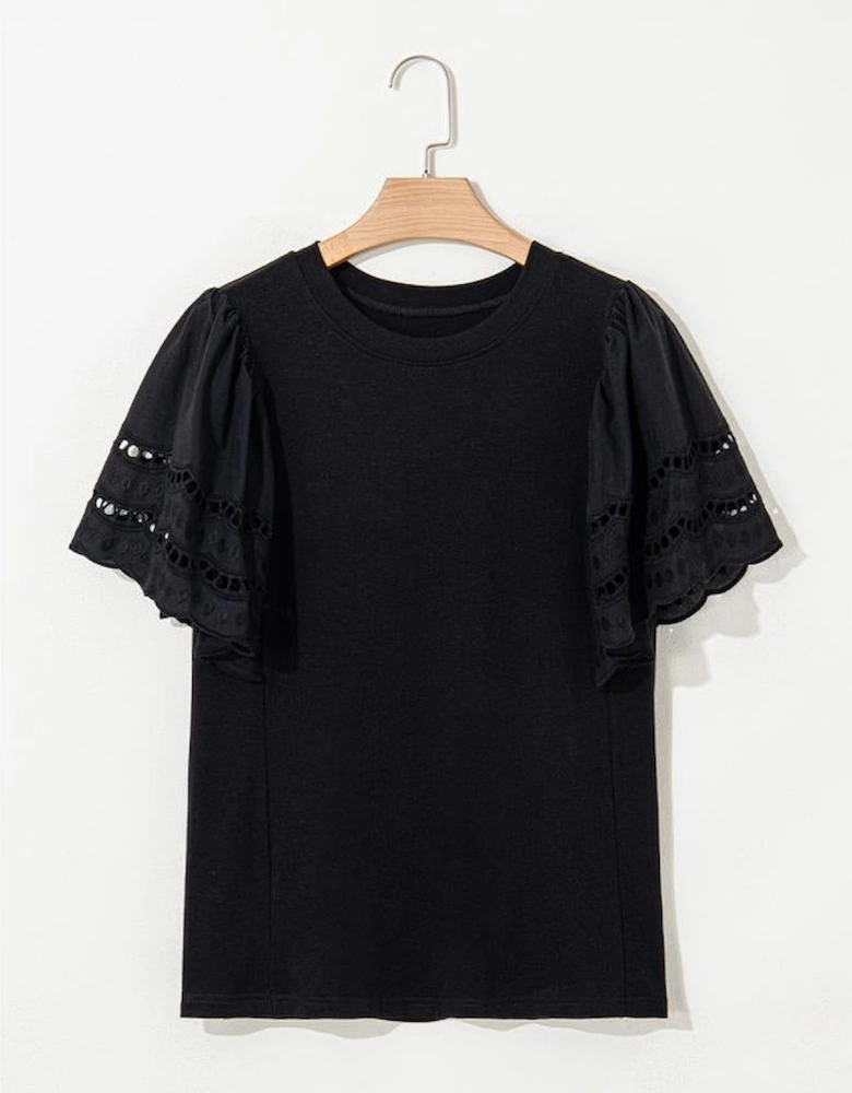 Black Hollow Out Embroidered Short Sleeve O Neck Top
