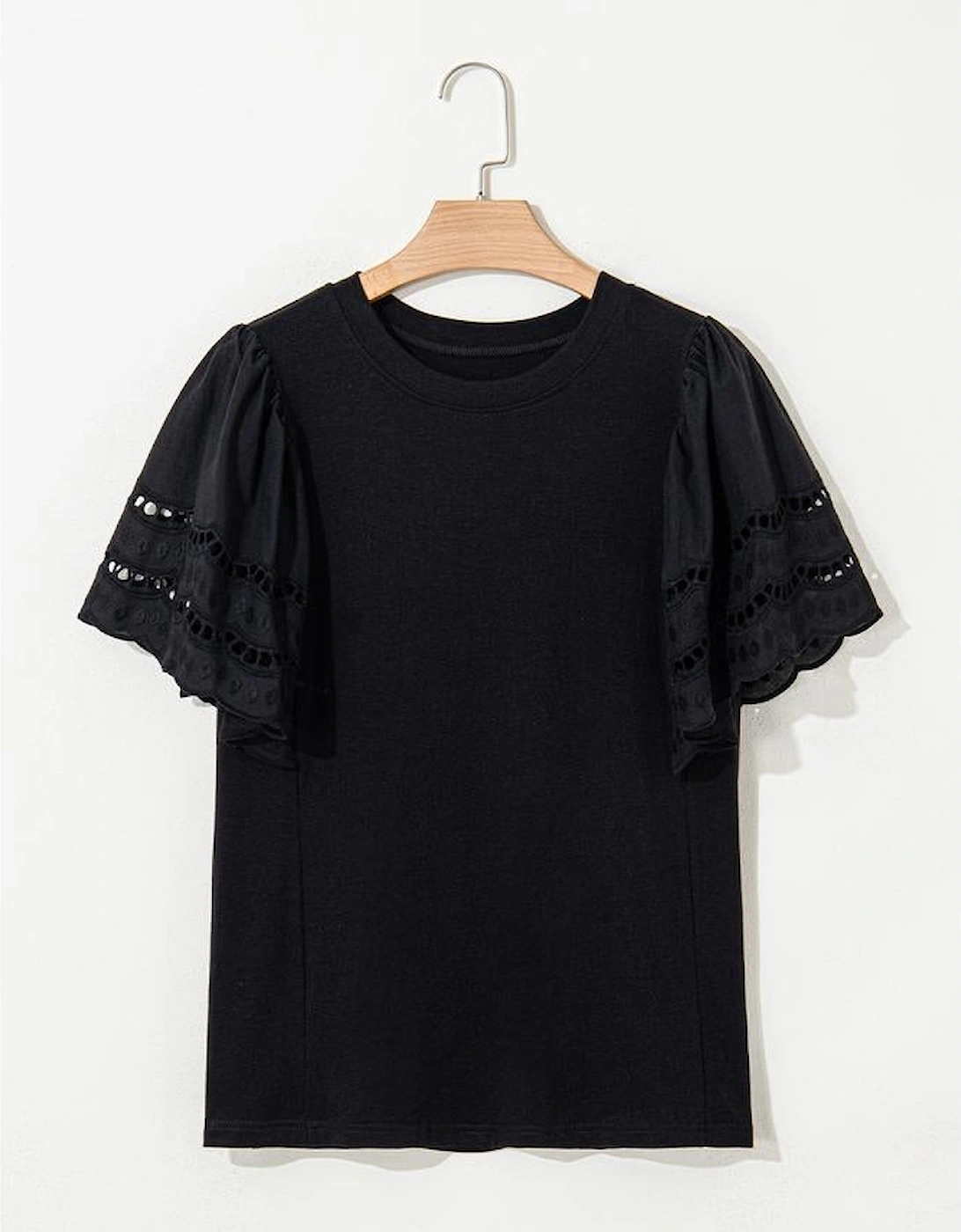 Black Hollow Out Embroidered Short Sleeve O Neck Top
