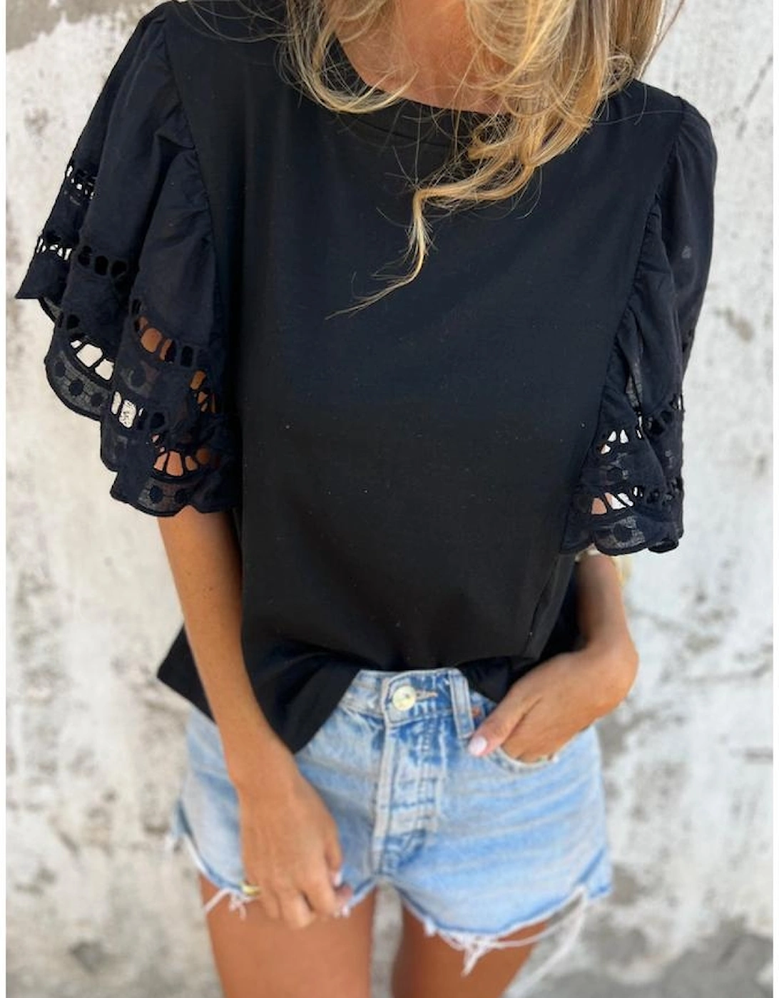 Black Hollow Out Embroidered Short Sleeve O Neck Top