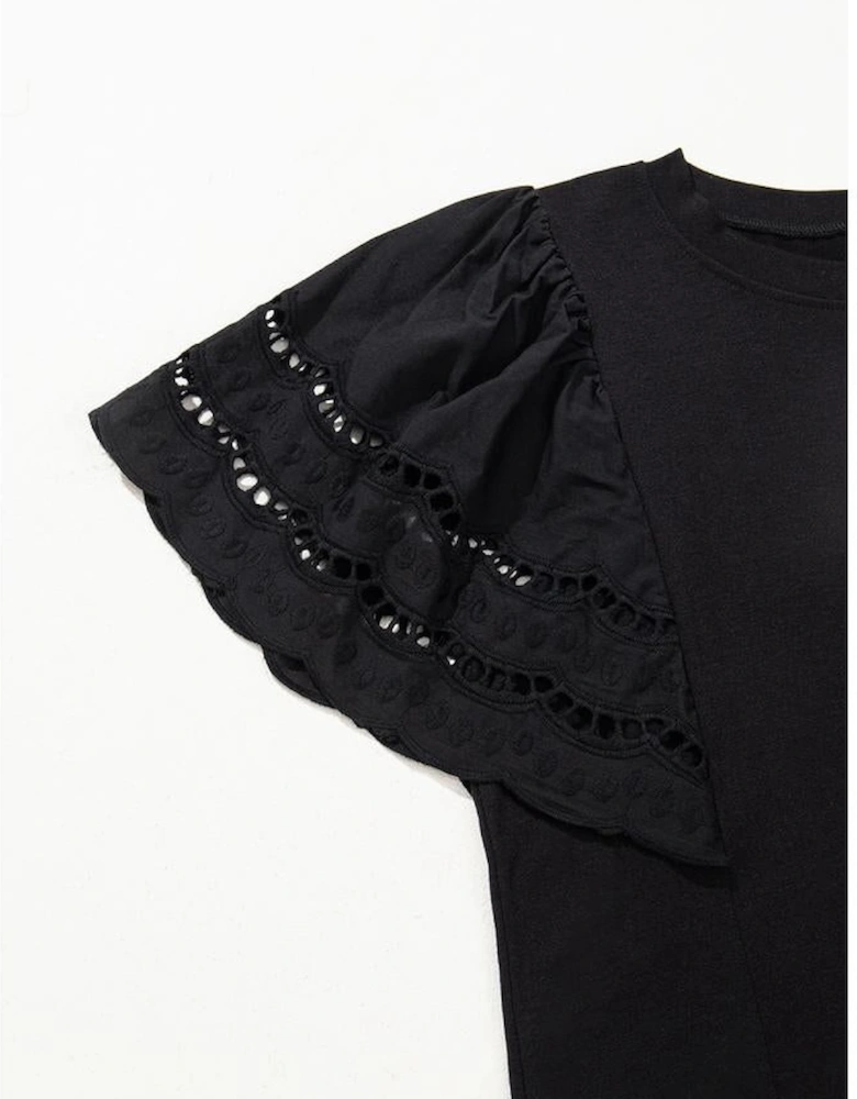 Black Hollow Out Embroidered Short Sleeve O Neck Top