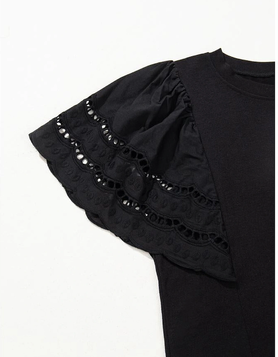 Black Hollow Out Embroidered Short Sleeve O Neck Top