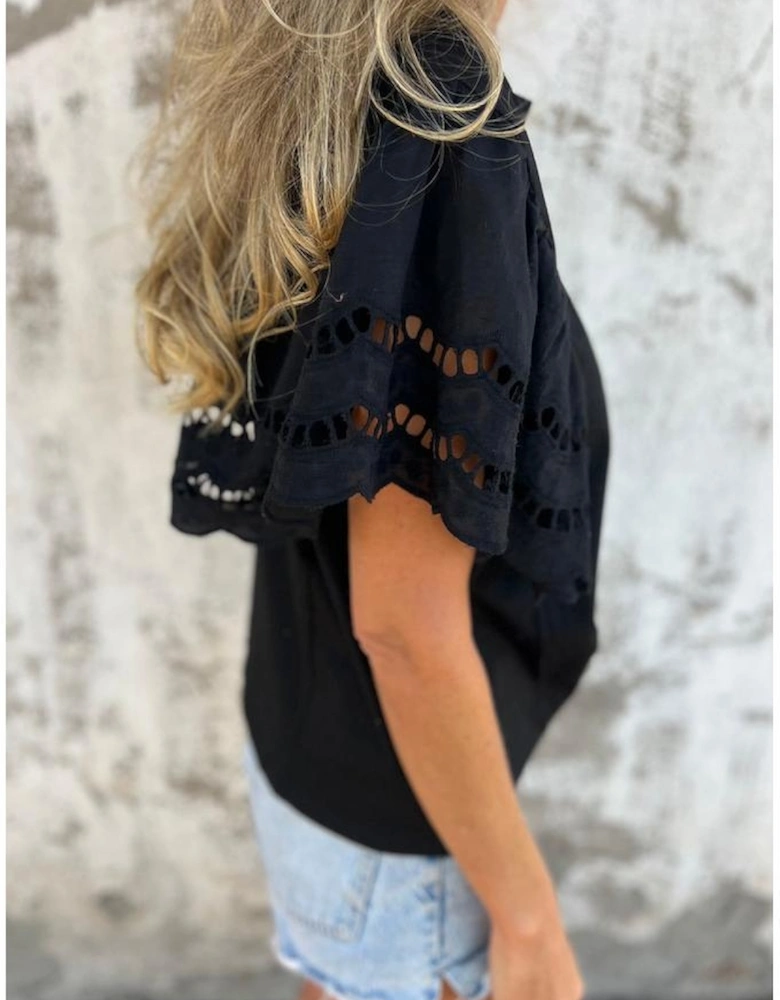 Black Hollow Out Embroidered Short Sleeve O Neck Top