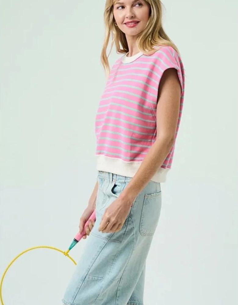 Sachet Pink Striped Crew Neck Cap Sleeve T Shirt