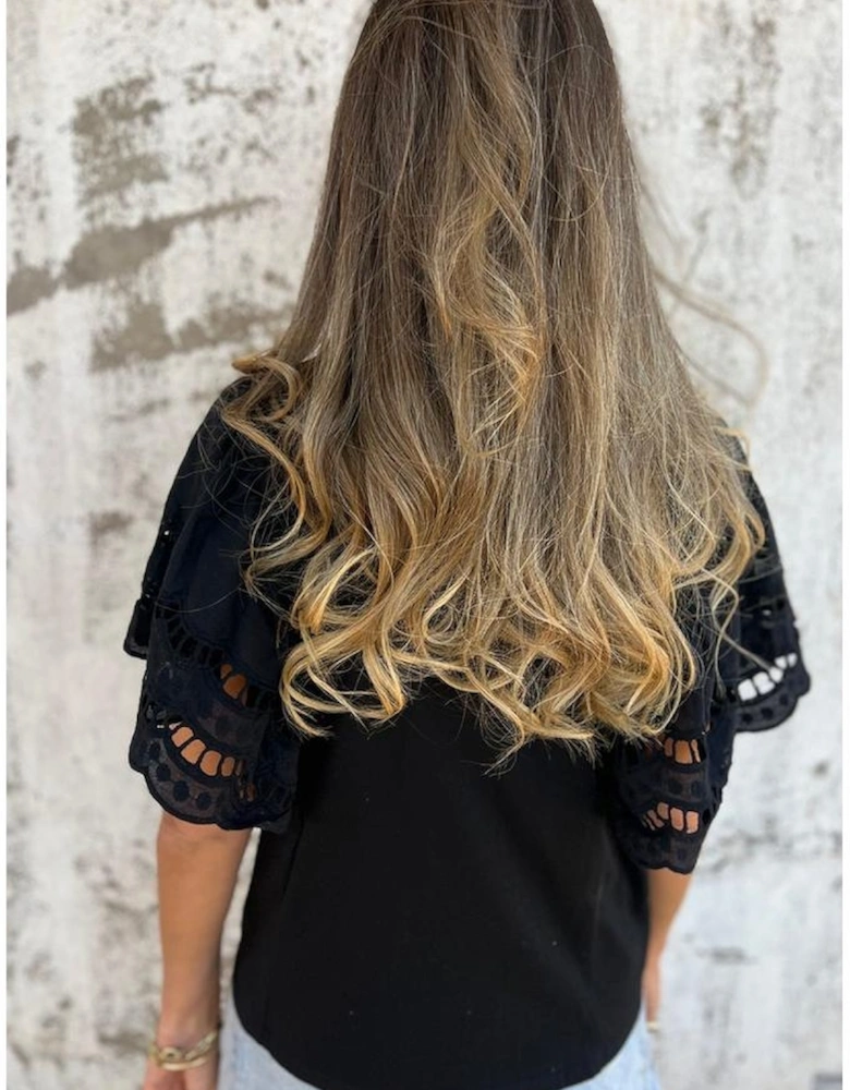 Black Hollow Out Embroidered Short Sleeve O Neck Top