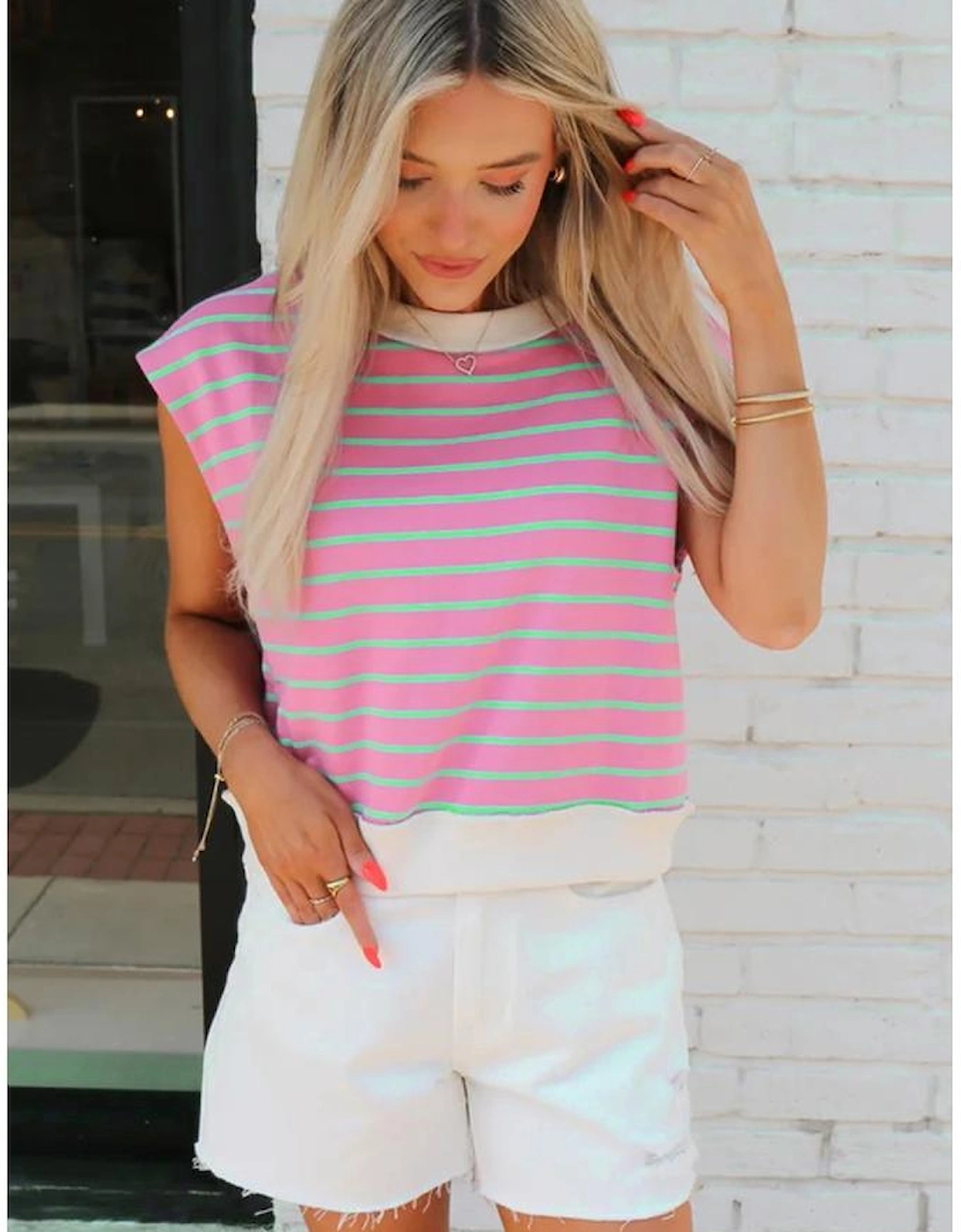 Sachet Pink Striped Crew Neck Cap Sleeve T Shirt