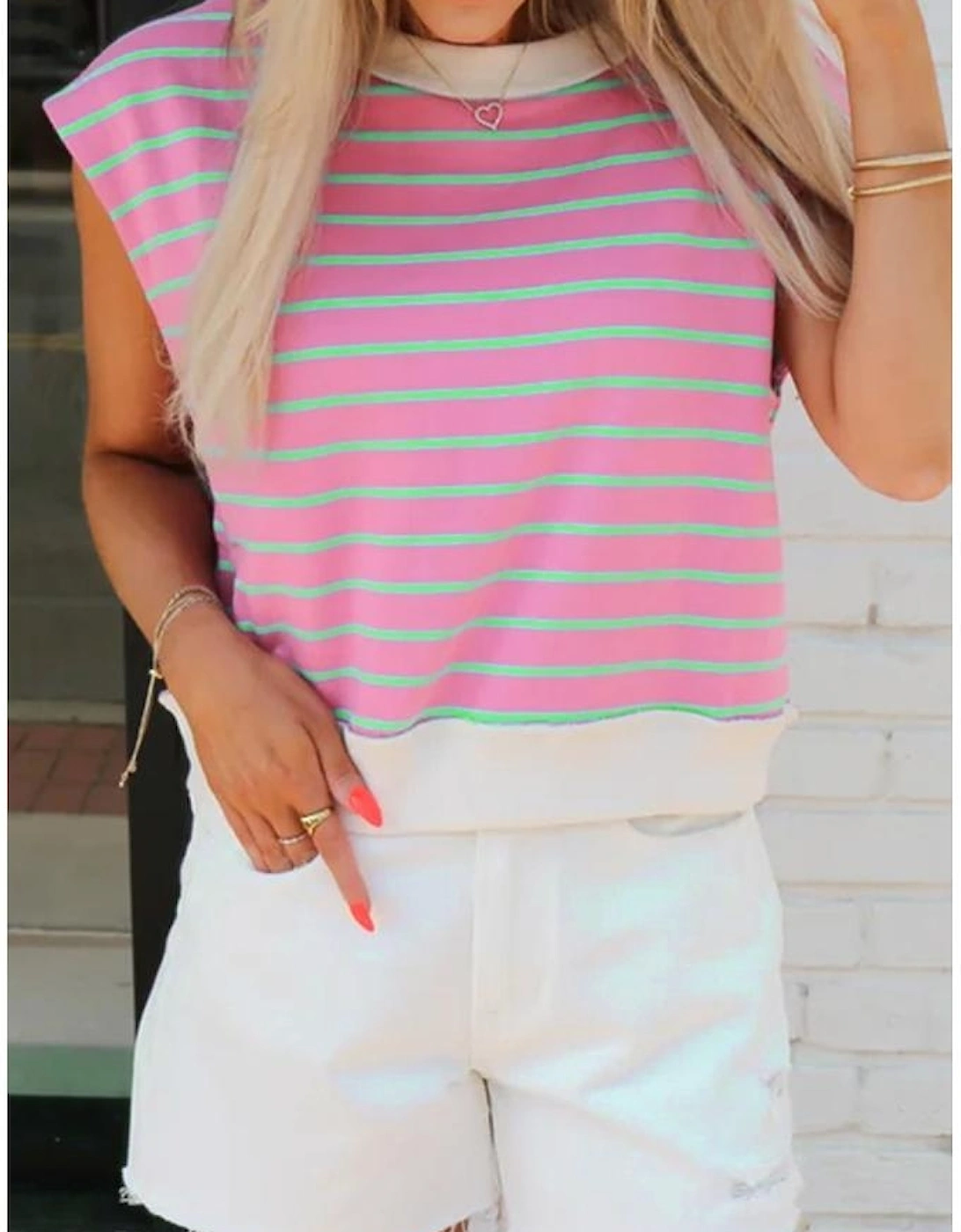 Sachet Pink Striped Crew Neck Cap Sleeve T Shirt