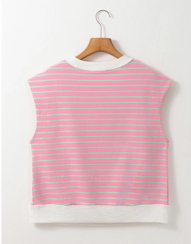 Sachet Pink Striped Crew Neck Cap Sleeve T Shirt