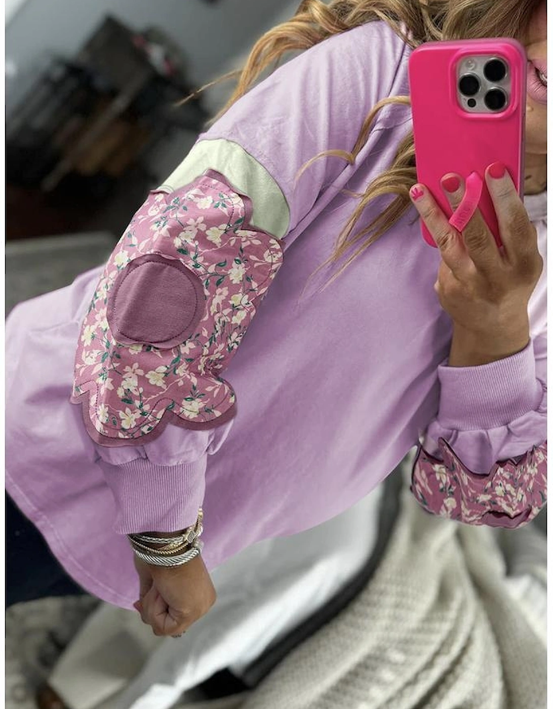 Phalaenopsis Flower Patch Colorblock Plus Size Pullover Top