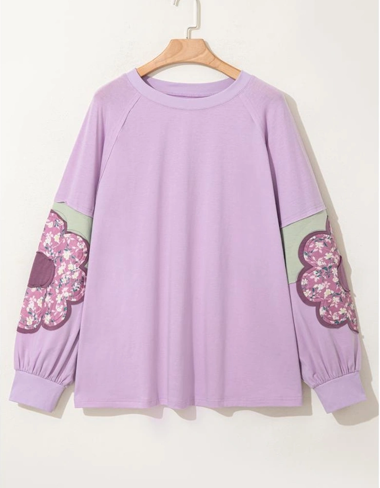 Phalaenopsis Flower Patch Colorblock Plus Size Pullover Top